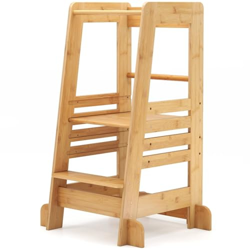 Maxmass Kids Learning Tower, Toddler Step Stool with Safety Rail and Height Adjustable Platform, Bamboo Kitchen Helper for 18 Months Old+