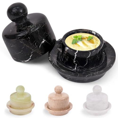 MARBLOUS KRAFTS Beurrier en marbre avec couvercle de 10,2 cm, en marbre noir zébré fait main, pour beurre frais et tartinable, idéal pour le rangement et la décoration de la cuisine