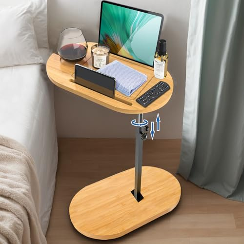 Exquilnova C Form Mesa auxiliar 360° giratoria, altura ajustable 42-82cm, mesa de café de bambú, mesas auxiliares de bambú y metal, pequeña mesa de comedor, mesa de café, mesa lateral para salón, baño