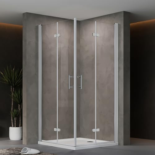 AQUENITH Duschkabine 90x90x195cm Eckeinstieg Doppel Falttüren Eckdusche | Rahmenlos Duschabtrennung mit 6mm Sicherheitsglas ESG Klarglas Nano-Beschichtung,Platzsparend,Hebe-Senk-System