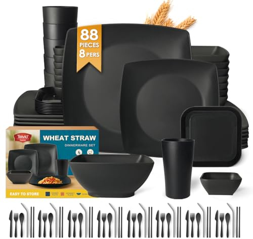 Teivio 88-piece With Flatware Plastic Kitchen Wheat Straw Square Dinnerware Set for 8, Unbreakable Dinner/Salad/Appetizer Plates, Snack Bowls, Dipping Sauce Cups,Tumblers, Dishwasher Safe Dish,Black ﻿