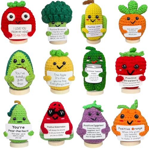 12PCS Emotional Support Crochet Veggies Pickle Avocado Fruits Positive Pineapple Lemon, Employee Appreciation Gifts Bulk Handmade Cute Desk Decor Gifts for Women, Teen Girls, Mom, Girlfriend, Coworker