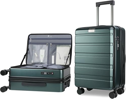 KROSER Carry On Luggage with Spinner Wheels & Built-in TSA Lock, Expandable Top Opening Hard Shell Suitcase Large Capacity Durable Rolling Luggage with USB Port, Carry-On 20-Inch, Dark Green