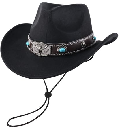 Aulivra Klassischer Westernhut für Damen und Herren – Einfarbiger Cowboyhut mit Stierkopf-Dekor, Vintage Jazzhut für Erwachsene im Cowgirl- und Western-Stil (Schwarz A)