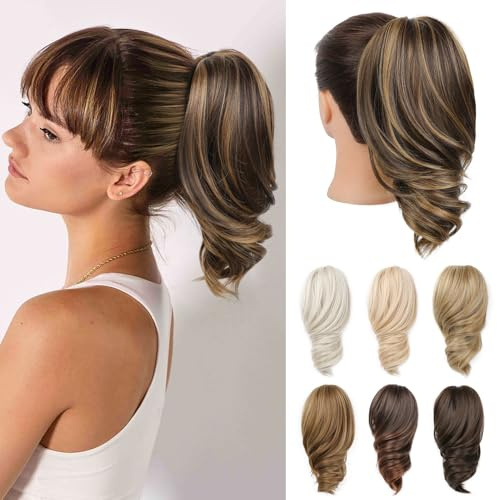 REECHO Ponytail Extension - 12 Short Claw Clip in Ponytail Hair Extension Wavy Clip in Ponytail Natural Soft Synthetic Pony Tail Hair Pieces for Women (Dark Brown with Highlights)