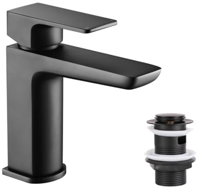 VeeBath LogoonSoft Eckiger Waschtischmischer mit Zugstangen-Ablaufgarnitur, modernes mattschwarzes Finish, Einhebelsteuerung, G1/5.1 cm BSP-Einlass, Deckmontage Badarmaturen, Badewannen- und