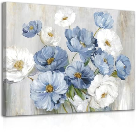 Dazzlewall Enmarcadoen Arte de Pared Floral Azul Blanco, Cuadroen Lienzo de Flores de Acuarelapara Decoración de Baño Dormitorio Sala de Estar 12x16 in
