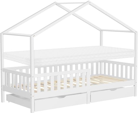 ML-Design Kinderbett Hausbett 90x200 cm Weiß mit Matratze, Holzbett mit 2 Schubladen, Rausfallschutz und Lattenrost, Spielbett aus Kiefernholz, Montessori Bettgestell für Kinder, Bodenbett Bettenhaus