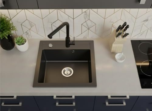 Faizee Home | Granitspüle Milano 49x52 cm Schwarz Gesprenkelt – GRANIT Einbauspüle mit Armatur Side & Siphon | Rechteckiges Spülbecken Küche klein, Einzelbecken, Einbau von oben