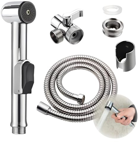 Handheld Bidet Sprayer Kit Stainless Steel Shattaf Muslim Toilet Shower | 2-Way Diaper Washer With Hose, Sink Faucet Diverter Head. Bathroom Shower & Douche Kit for Pet Bath, Baby Cloth. Silver