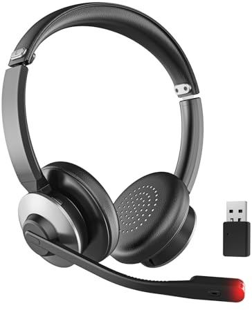 Bluetooth Headset mit Mikrofon, Kabelloses Headset mit Mikrofon ENC Rauschunterdrückung & USB-Dongle, 26 Std. Akku, One-Touch Stummschaltung , Kabelloses Headset für PC, Call Center, Büro, Homeoffice
