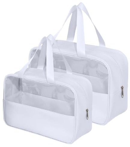 SYEXDZON Borsa da Toilette da Viaggio Trasparente, 2 Pezzi Portatili il Borsa da Trucco, Sacchetti per il Lavaggio Cosmetico Impermeabili Appesi in PVC + PU, Accessori da Viaggio per le Donne (Bianco)