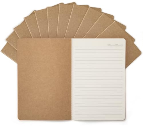 12er Set Notizbuch A5 Liniert - Kraftpapier-Notizheft mit Fadenbindung | 60 Seiten, 80g/m² beiges Papier, flachliegend, Vorrat für Schule, Büro, Studium & Notizen