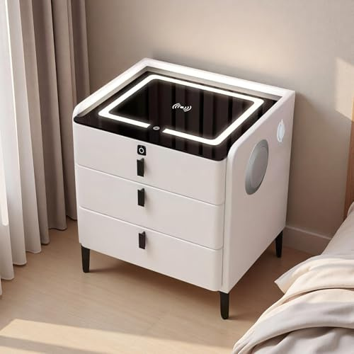 Smart Bedside Table with Wireless Charging, LED Light, Bluetooth Speaker & Fingerprint Lock, Modern 3 Drawer Bedside Table for Bedroom, Stylish Bed Side Table with Storage Drawers (2, White)