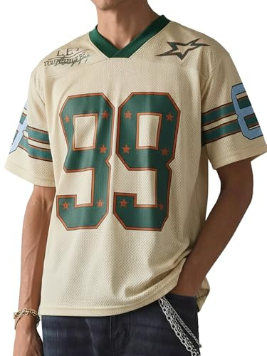 HAWILAND V Ausschnitt T Shirt Herren Oversized Football Trikot Kurzarm Sportshirt Herren Streetwear Y2K Hip Hop Outfit Aprikose M