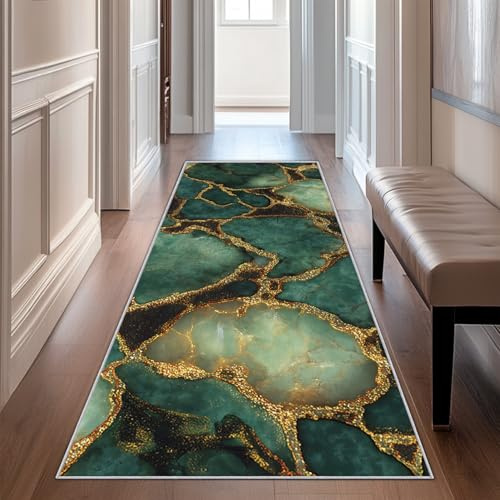 Generisch Läufer Flur Grüne Marmor, Waschbarer Teppich Läufer Gold Modern Abstrakte 60x120, Küchenteppich, Eingangsbereich, Bettvorleger, Schlafzimmer Deko, rutschfest, Kurzflor i1289