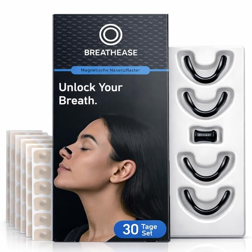 Magnetische Nasenpflaster gegen Schnarchen – wiederverwendbarer Nasenöffner/Nasenspreizer für freiere Nasenatmung, 4 Größen S/M/L/XL + 60 Klebepads, Alternative zu klassischen Nasenstrips