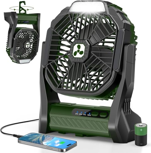 PDBEST Ventilador a batería 20000mAh Inalámbrico, Ventilador portátil recargable con Linterna LED, Ventilador de mesa con batería USB-C, Ventilador de camping para viajes playa Verde