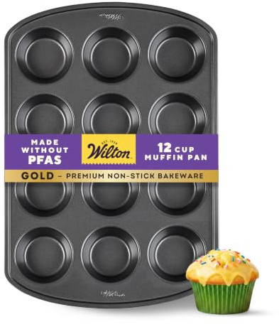 Wilton Gold Non-Stick Bakeware Muffin Pan - Baking Pan for Muffins & Cupcakes - Made Without PFAS, Dent Resistant & Dishwasher Friendly - Offers Even Heat Distribution - 10.5 x 15 x 2 Inches, 12 Cup