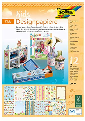 folia 11449 - Designpapier Block Kids, DIN A4, 165 g/qm, 12 Blatt sortiert in 12 verschiedenen Motiven, hochwertig illustriertes Papier mit Glitterapplikation