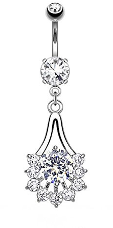 Piercingfaktor Bauchnabelpiercing Chirurgenstahl Bauch Bauchnabel Piercing Banane Stecker Anhänger mit Tropfen Fächer Multi Kristalle Silber