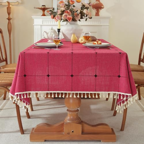 Pahajim Tischdecke Rechteckig Baumwolle Leinen Tischdecke Abwaschbar Elegante Karierte Tischtuch mit Quasten Küchentischabdeckung für Speisetisch,Outdoor(Rot, 140 x 200 cm)