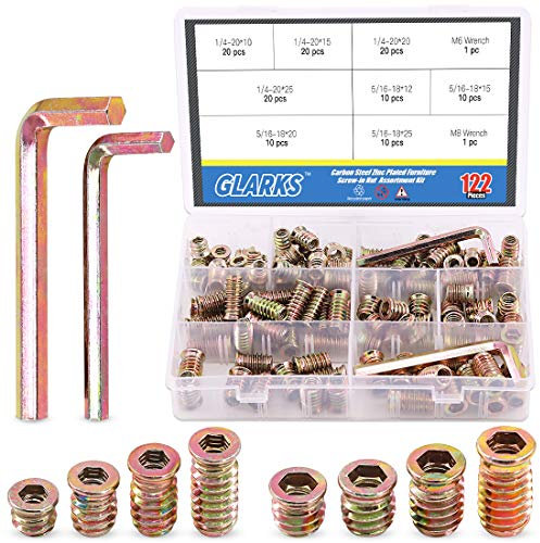 Glarks 120Pcs 1/4-20, 5/16-18 Threaded Inserts Nuts Assortment Set, Zinc Plated Carbon Steel Hex Socket Drive Furniture Flanged Screw-in Nut with M6 M8 Hex Wrench for Wood Furniture