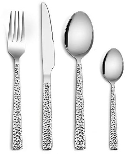 Cutlery Sets 16 Piece, Homikit Stainless Steel Hammered Cutlery Flatware Set, Silver Fork Knife Spoon Tableware Set Service for 4, Healthy & Non-Toxic, Mirror Finished & Dishwasher Safe