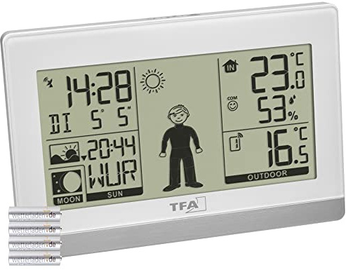TFA Dostmann Weather Boy - 35.1159 - Station météo sans fil - Température intérieure/extérieure - Prévisions météorologiques - Phase de la lune - Lever et coucher du soleil - Blanc avec piles