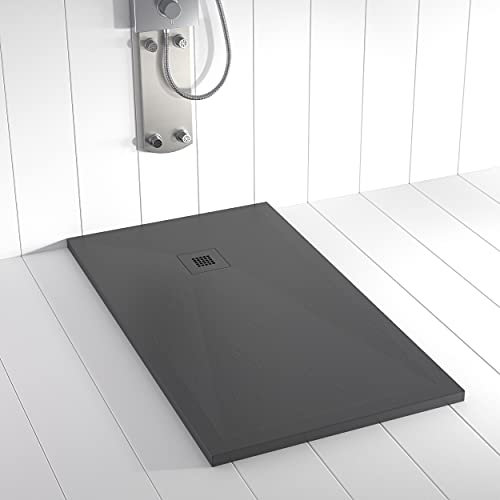 Shower Online Plato de ducha Resina PLES - 90x120 - Textura Pizarra - Antideslizante - Todas las medidas disponibles - Incluye Rejilla Color y Sifón - Antracita RAL 7011
