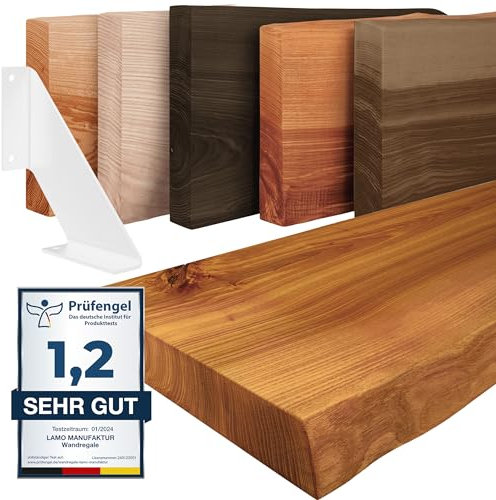 LAMO Manufaktur Holzregal mit weißen V-förmigen Halterungen | Wand Regal 160 cm breit für Badezimmer, Flur, Küche im Industrial-Stil | Farbe: Rustikal, Kante: natürlich | Massivholz, Vintage-Charakter