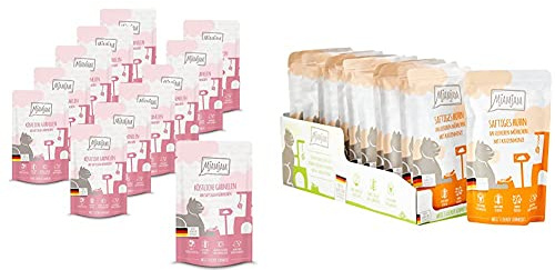MjAMjAM Quetschie - köstliche Garnelen an saftigem Hühnchen 12x125 g, 1er Pack (1 x 1500 g) & Premium Nassfutter für Katzen - Quetschie - saftiges Huhn an leckeren Möhrchen, 12er Pack (12 x 125 g)