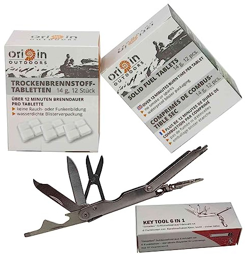 Set - 2 Packungen je 12 Trockenbrennstofftabletten á 14 g für Kocher 24 Pack GRILLANZÜNDER Camping & Outdoor & HOCHWERTIGEM Multitool 6 in 1 fürs Schlüsselbund Werkzeug