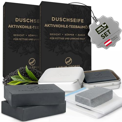 larum sports Schwarze Seife – gegen Akne und Pickel, SET | feste Duschseife Männer, Aktivkohle Seife, African Black Soap, Teebaumöl, vegan, Körperseife auch für empfindliche Haut
