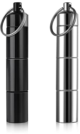Grevosea 2 Stück Pillendose Schlüsselanhänger Wasserdicht Klein Mit 3 Teilbaren Fächern - Aluminiumlegierung Kapsel Mini Pillen Organizer Tablettendose für Unterwegs Camping - 3.58 Inch