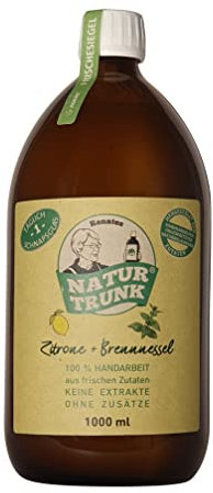 OHNE Konservierungssoffe! Renates NaturTrunk Zitrone + Brennnessel (Samen, Blätter und Wurzeln). In kleinen Stückzahlen von Hand hergestellt. 1000ml Medizinflasche aus Braunglas.