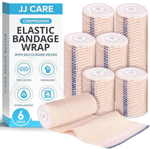 JJ CARE Elastic Bandage Wrap 6 Packs, Compression Bandages in 2, 3 Inches and 4 Inches, For Ankle, Wrist, and Foot Elastic Bandages 6 Rolls, Compression Bandage Wrap with Hook and Loop Fastener