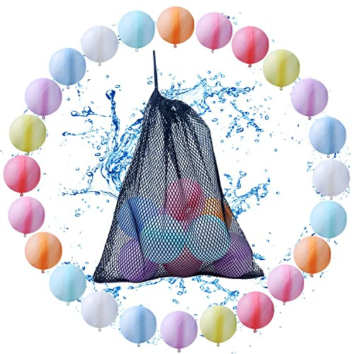 MBKET 24 Pack Reusable Water Balloons Pool Water Balls Latex-Free Soft Silicone Water Splash Ball with Portable Mesh Bag Summer Outdoor Beach Play Pool Party Backyard Fun Water Toys