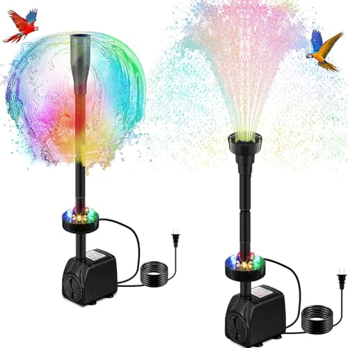Saillong 2 Pack 15W 200 GPH Submersible Fountain Pump with LED Lights, Mushroom and Blossom Spray Head for Fountain, Quiet Water Pump (750L/H) for Ponds, Aquariums, Fish Tanks, Water Features