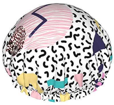 Geometrische Duschhaube im Retro-Stil der 90er Jahre für Damen, verstellbar, doppelt wasserdicht, Badeduschhut, Haarschutz, wiederverwendbar, Damen-Spa-Salon-Duschhut