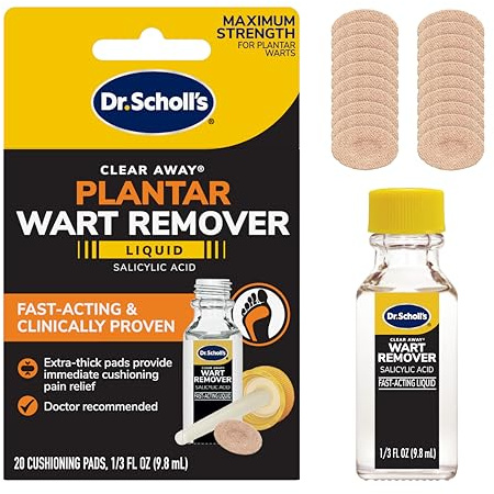 Dr. Scholl's Clear Away Plantar Wart Remover Liquid for Feet, 1/3 fl oz, 20 Thick Cushioning Pads – Fast Acting & Clinically Proven Wart Removal, Safe to Use on Kids Ages 4+
