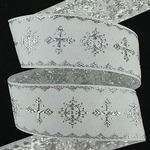 CINTAS JACQUARD DE MOTIVOS LITÚRGICOS DE CÁLIZ Y CRUZ CON HILOS DE LÚREX (5 METROS, 5cm - PLATA)