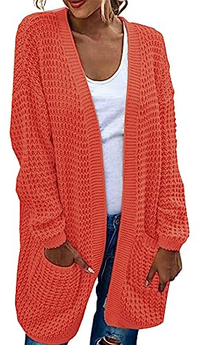 Suéter para mujer, chaqueta de punto grueso con bolsillos, informal, suelto, manga larga, suéter para mujer, abrigo de punto cálido para otoño, naranja, S