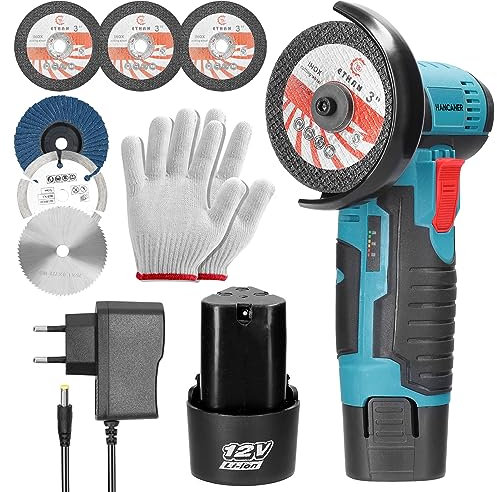 Hancaner Mini Meuleuse D'Angle Sans Fil 19500RPM 12V Professional Disqueuse Sans Fil | 2 Batterie 2.0Ah | 6 Disques à Tronçonner 76mm | Meuleuse Angulaire Sans-fil pour le Meulage et la Coupe