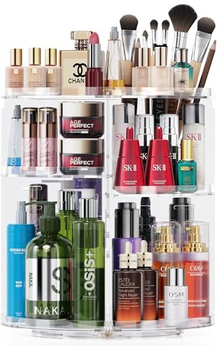 Auxmir Porta Trucchi Rotante a 360°, Organizer Trucchi Multifunzione, Organizzatore Cosmetici Ripiani Regolabili, Adatto a Crema Profumo Pennelli per il trucco (Trasparante)