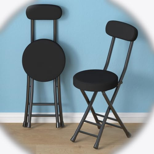 WInara Klapphocker Mit Lehne Klappstuhl Küche hocker Mit Rundes PU-Sitzkissen, Tresenhocker Mit Fußstütze, Faltbar Barhocker for Kücheninsel Esszimmer Wohnzimmer (Color : Black)