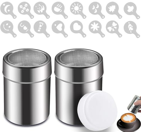 LANZLC Espolvoreador Cacao con Malla Tapa, 2 Piezas Espolvoreador Acero Inoxidable, Excavadora de Café y Cacao on Malla para el Café Capuchino Latté, 16 Plantillas de Planchas de Impresión