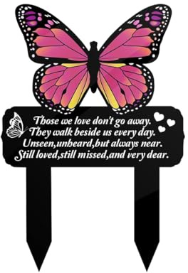 Zayookey Schmetterling Gedenkpfahl Friedhof Grabschild Pfahl Wetterfest Grabmarker Metall Grabstecker Friedhofsdekorationen Trauer Friedhof Gartenstecker für Grab Friedhof Draußen (Schwarz und Rot)