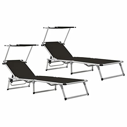 ARKEM Klappbare Sonnenliegen mit Dach 2 STK. Alu Textilene Schwarz Gartenliege Klappbar Liegestuhl Holz