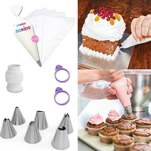 Disposable Piping Nozzles Set 109 pcs | 6 Stainless Steel Piping Nozzles Tips, 1 Reusable Icing Couplers, 100 Piping Bags, 2 Cake Ties | Tear-Proof & Easy to Use Pipping Bags for DIY Cake Decoration